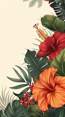 illustration of a border of red and orange hibiscus flowers and lush green leaves on a cream background, copy space, wallpaper, card