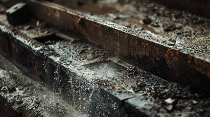 Detailed view of a scrap iron frame being sanded, showcasing the gritty surface, rust, and raw, industrial feel
