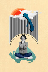 Artwork magazine collage picture of dreamy lady sitting legs crossed hands cheeks isolated drawing...