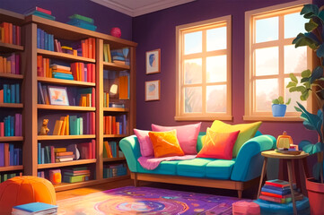 A living room with a colorful couch and bookshelf with a bookcase in the background