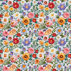Floral embroidery from knitting wool, yarn, seamless pattern.
