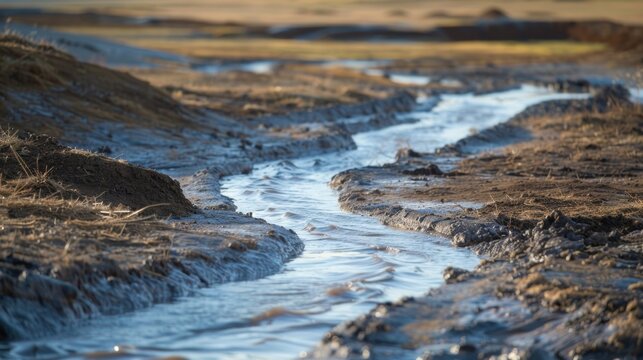 A slike stream of muddy water winding its way through the landscape coming from a nearby mud volcano.