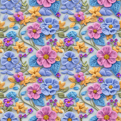 Floral embroidery from knitting wool, yarn, seamless pattern.