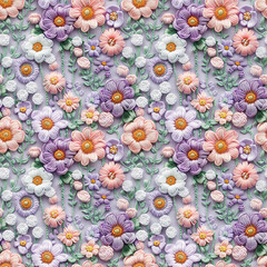 Floral embroidery from knitting wool, yarn, seamless pattern.