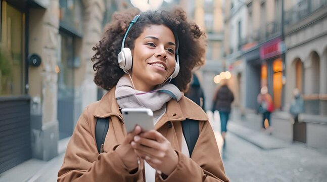 Happy Young Woman Holding Mobile Phone Enjoying Music Listening Through Wireless Headphones On Footpath