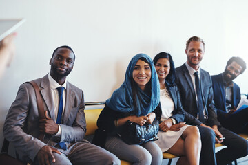 Recruitment, tablet or hr with business people in waiting room for interview, meeting or onboarding process. Digital, checklist and manager with group in lobby for hiring, survey or candidate success