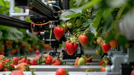 Vibrant strawberries are carefully collected by an automated harvester minimizing damage and waste.