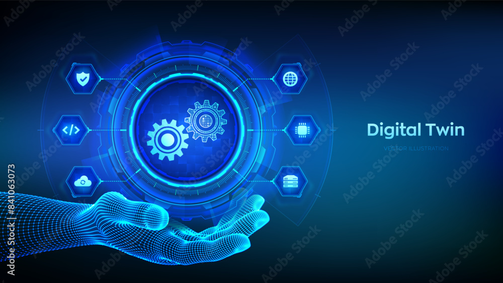 Poster digital twin business and industrial process modelling technology concept on virtual screen. innovat