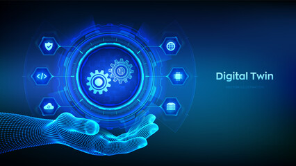 Digital twin business and industrial process modelling technology concept on virtual screen. Innovation and optimisation. Digital twin icon in wireframe hand. Vector illustration.