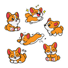 Set of cute cartoon Welsh Corgi dogs in various poses. Perfect vector illustration in flat art style on a white background for all your design needs.