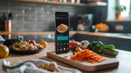A smartphone displays a recipe with an image of the dish on the screen. The phone is sitting on a wooden countertop in a modern kitchen. Fresh vegetables, a lemon, and nuts can be seen near the phone.