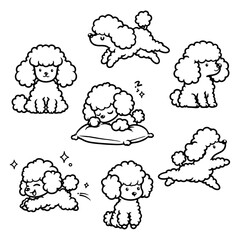 Set of cute poodles in various poses such as sitting, sleeping, and jumping. Perfect vector line art illustration isolated on a white background for creative projects.
