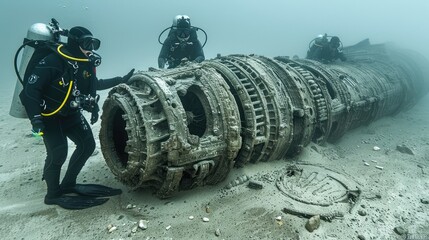 Divers exploring a lost civilizations relics on an asteroid submerged in a space ocean 