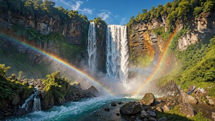 Majestic Waterfall with Double Rainbow