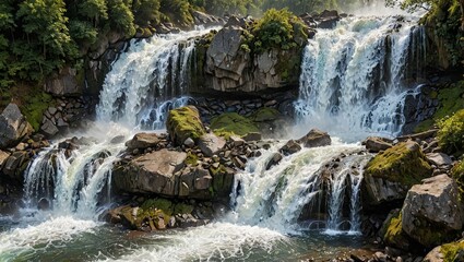 Fototapeta premium Majestic Waterfall Cascading Through Lush Green Forest