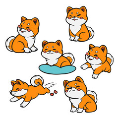 A set of cartoon Shiba Inu in various poses such as sitting, sleeping, and jumping. Perfect vector illustration in flat art style, isolated on a white background, ideal for creative projects.