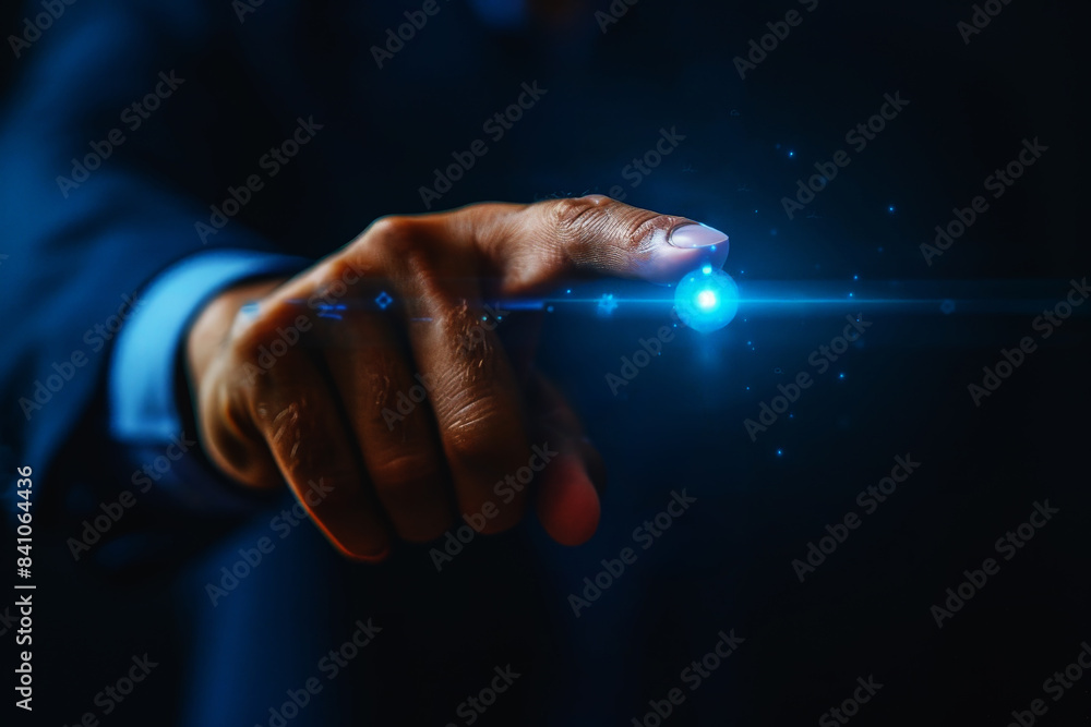 Poster human hand pointing at something . glowing light effect, illuminated particles with lots of dots. di
