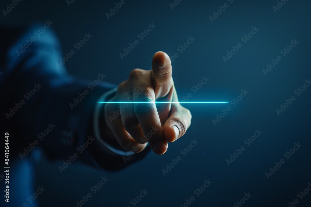 Poster human hand pointing at something . glowing light effect, illuminated particles with lots of dots. di