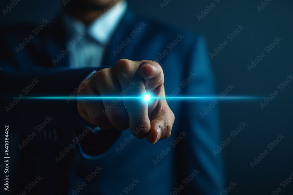 Poster human hand pointing at something . glowing light effect, illuminated particles with lots of dots. di