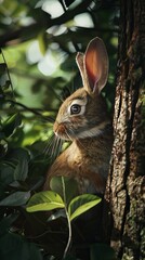 Curious rabbit listening intently in forest