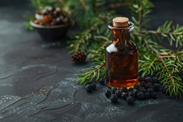 Juniper tincture or gin on a black background. In the background branches of juniper and dark glass antique bottle. Copy space - generative ai