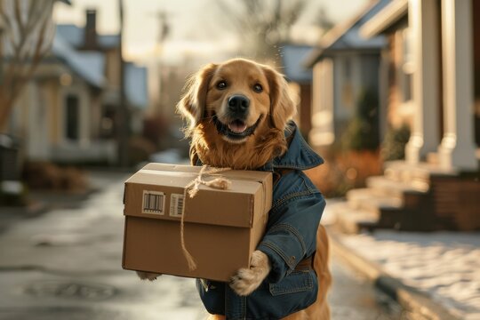 A dog is holding a cardboard box in its mouth. delivery concept