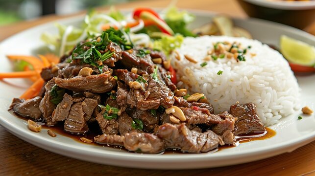 Fried hot pot beef with rice on a plate, a little but if salad and corander. copy space for text.