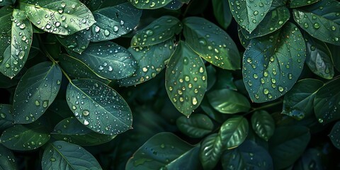Fototapeta premium Leaves background with droplets aspect ratio 2:1 for banner, landing page, website, mockup template