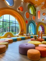 A brightly colored playroom with a tree and a slide
