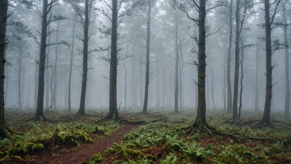 Obraz premium Mystical Foggy Forest Path