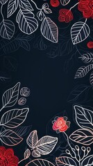 A geometric floral border features stylized leaves in white and flowers in red against a dark background, copy space, card