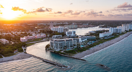 Beautiful Florida aerial view of Boca Raton skyline at sunset.