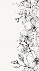 illustration of a graceful orchid flower border in black and white, wallpaper, card, copy space