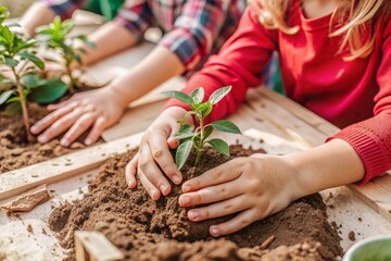 Fototapeta premium Close up photo of a child's hands planting in the garden
