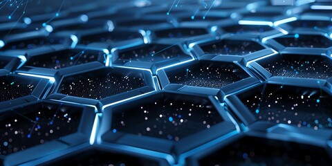 Fototapeta premium isolated hexagon hollogram platform, chemistry, UI, high tech,aspect ratio 2:1, banner, landing page, website background