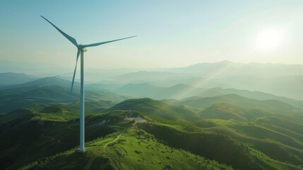A wind turbine standing tall against a backdrop of rolling hills.