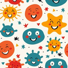Fototapeta premium A lively illustration of smiling faces, featuring simple, cheerful lines and bright, vibrant colors, evoking the joyful spirit of kindergarten creativity and imagination. Minimal pattern banner
