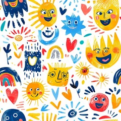 A lively sketch of smiling faces, each one unique and full of joy, surrounded by playful doodles and bright colors, reflecting the innocent creativity and playful imagination of a kindergartener.