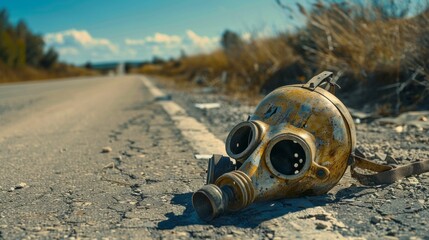 Obraz premium A gas mask is laying on the ground in a desolate area