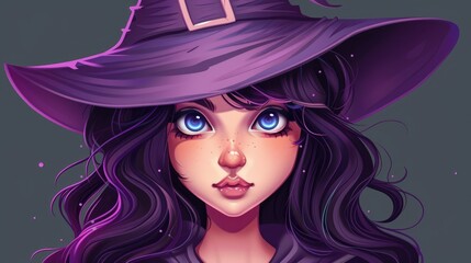 2d cartoon illustration of an adorable witch sporting a stylish purple hat