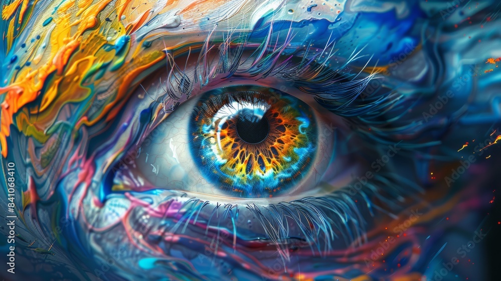Poster an artistic rendition of a cybernetic eye in the style of cyberpunk, with sharp lines, metallic acce