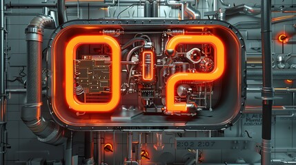 Bold Number '02': Mechanical Parts in Techno Architectural Style, Bright Neon Tubes, and Metal Details