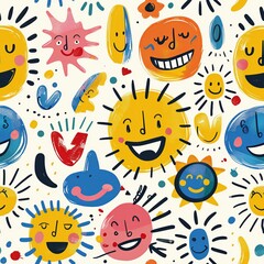 An adorable drawing of happy faces, each one expressive and full of life, surrounded by playful shapes and bright colors, showcasing the imaginative and colorful style of a kindergartener. Minimal