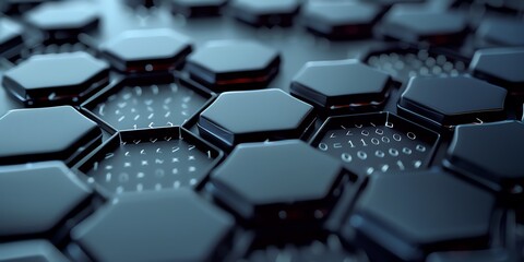 Obraz premium isolated hexagon hollogram platform, chemistry, UI, high tech,aspect ratio 2:1, banner, landing page, website background