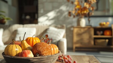 Close up of a fruit basket and pumpkins on a table in a living room