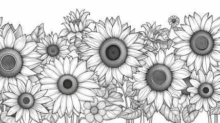 A black and white line drawing of a group of sunflowers and small flowers, wallpaper, card