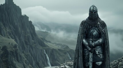 Obraz premium Medieval knight guarding mountain pass