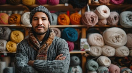 Confident Hispanic man in knit cap stands before yarn shop shelves, arms crossed, looking directly at camera
