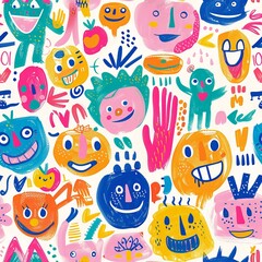 An enchanting crayon drawing of happy faces, each one expressive and full of joy, surrounded by playful doodles and bright colors, capturing the imaginative spirit of a young child. Minimal pattern