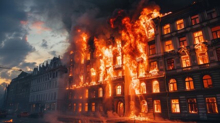 Fototapeta premium A building is on fire with smoke billowing out of the windows